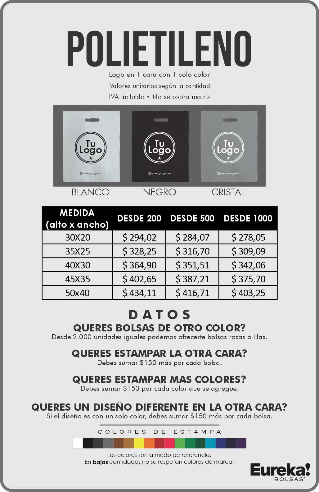 lista de precios bolsa polietileno personalizadas